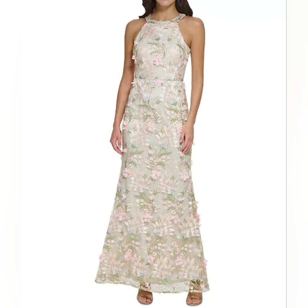 Brand New Eliza J- Women's Halter-Neck Floral-Embroidered Gown
